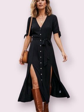 Reformation Black Linen Button Up Shirt Dress High Side Slits Size Small